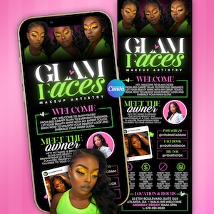 May include: A black and green flyer with the text "GLAM Faces Makeup Artistry" and a photo of a woman with makeup. The flyer includes information about the makeup artist, their services, and contact information.