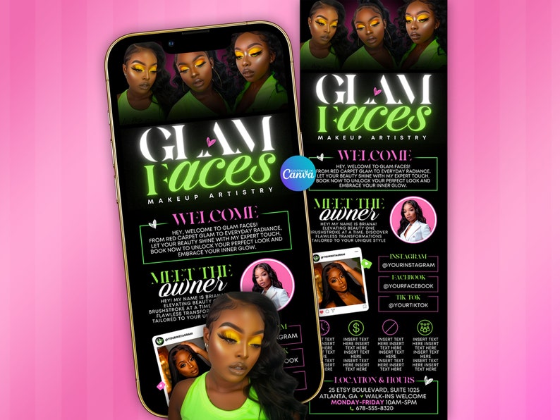 May include: A black and green flyer with the text "GLAM Faces Makeup Artistry" and a photo of a woman with makeup. The flyer includes information about the makeup artist, their services, and contact information.