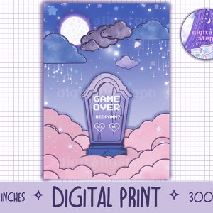 Game over gravestone video game digital print, pastel goth gravestone print, cute gravestone video game print
