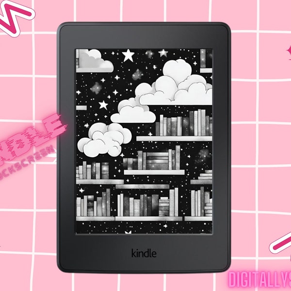 Kindle Screen Saver, Kindle Lock Screen, Dreamy bookshelf, clouds and stars, e-reader lock screen, celestial