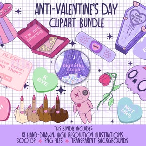 Anti Valentines Day Clipart Set, printable digital download, PNG for stickers, sublimation design, digital journaling