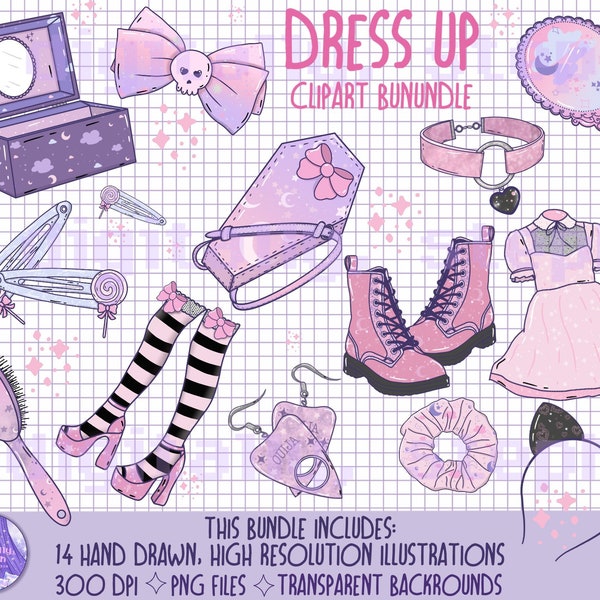 Dress Up Clipart Bundle, GRWM clipart, pastel goth clipart set, png for sublimation, pastel goth dress up illustrations