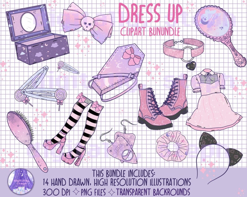 Dress up Clipart Bundle, GRWM Clipart, Pastel Goth Clipart Set, Png for