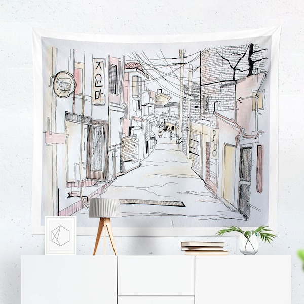 Aquarell Tapisserie, Straßen von Seoul Wandteppich, Südkorea Hintergrund, Minimalistischer Wandteppich groß, Itaewon Gemälde, Kunst Dekor, Wandbehang