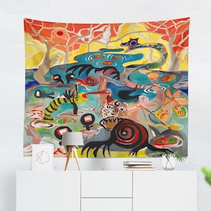 Psychedelic Tapestry, Nature Tapestry, Creatures on Water, Trippy Tapestry, Psychedelic Backdrop, Wall Hanging, Psychedelic Art, Oil Paint