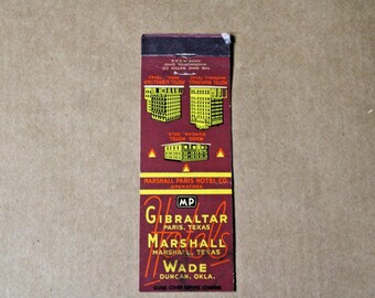 Vintage Mid Century Matchbook, Marshall Paris Hotel Co., Texas and Oklahoma