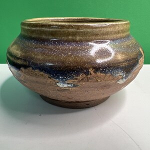 Studio Art Pottery Ceramic Blue Purple Brown Hues Drip Glazed Vintage Pot Bowl
