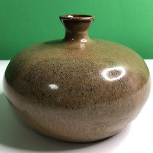 May include: A squat, round ceramic vase with a smooth, glossy finish in shades of earthy brown and muted green. The vessel features a wide, bulbous body that tapers into a narrow, short neck with a flared rim, showcasing a speckled texture.