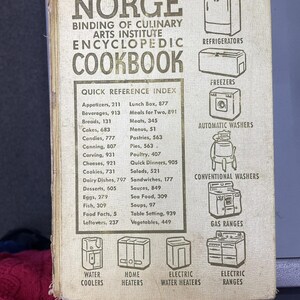 May include: A vintage off-white cookbook titled NORGE BINDING OF CULINARY ARTS INSTITUTE ENCYCLOPEDIC COOKBOOK. The cover features a Quick Reference Index of food categories and line-art illustrations of appliances including refrigerators, freezers, washers, and ranges.