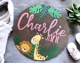 Plantilla de tema de vivero de Safari digital / Archivo digital de animales Glowforge / Ronda de nombre de vivero de Safari cortado con láser