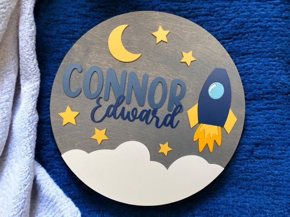 Digital Outer Space Theme Nursery Sign Digital Cut File | Spaceship Rocket Round Gender Neutral Baby Sign | Glowforge Ready SVG