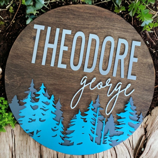 Digital Layered Forest Cut File | Glowforge Nursery Sign Template | Digital Trees File | Round Nursery Template