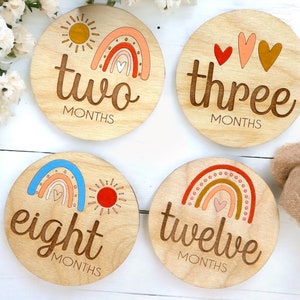 Digitaal Glowforge Laser Cut-bestand | Boho Rainbow Thema Babykamer Milestone Discs | Cadeau-idee voor babyshower | Props voor pasgeboren fotografie