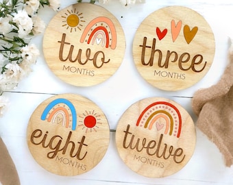 Digital Glowforge Laser Cut File | Boho Rainbow Theme Baby Nursery Milestone Discs | Baby Shower Gift Idea | Newborn Photography Props