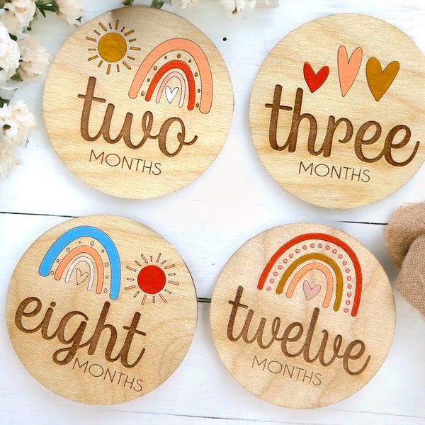 Digital Glowforge Laser Cut File | Boho Rainbow Theme Baby Nursery Milestone Discs | Baby Shower Gift Idea | Newborn Photography Props