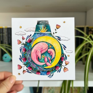 postale carrée mignonne de baleine d'aquarelle | Mini impression océan lunatique | Impressions carrées illustration animalière