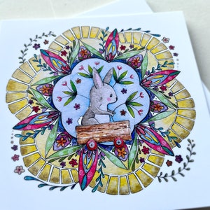 postale carrée d'aquarelle | Art mandala lapin | Illustration mignonne de lapin | Aquarelle florale animalière | Wagon de Pâques printanier