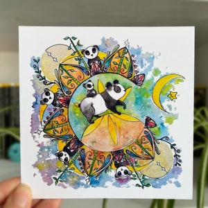 Carte postale imprimée panda | Illustration aquarelle carrée | Art animalier panda | Mini tableau aquarelle ours |