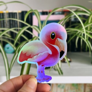 Pink FlamingoHolographic Sticker |  Animal Vinyl Decal | Flamingo Illustration Waterbottle Bird Sticker | Weatherproof Waterproof Decal