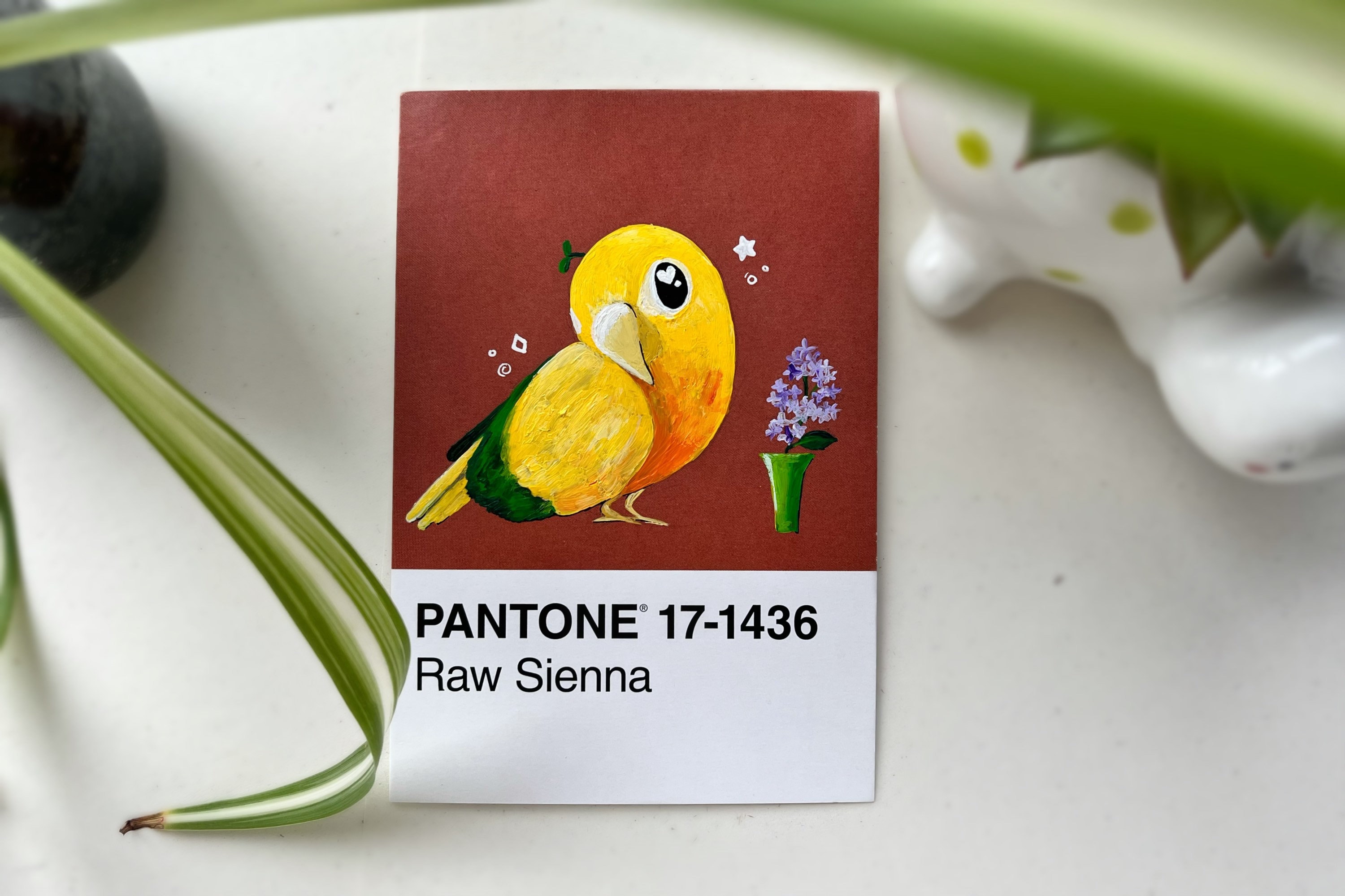 Hand Painted Acrylic Golden Conure Pantone Postcard Original Art Mini Bird  Painting Pantone Animal Illustration Collection 