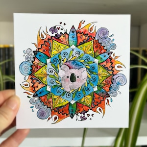 postale carrée d'aquarelle | Art mandala koala | Illustration botanique imprimée | Aquarelle florale animalière | Mammifères australiens