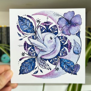 Postal cuadrada del colibrí de acuarela / Arte de la luna del colibrí / Impresión de ilustración floral / Pintura de acuarela de plata azul / Mini impresión