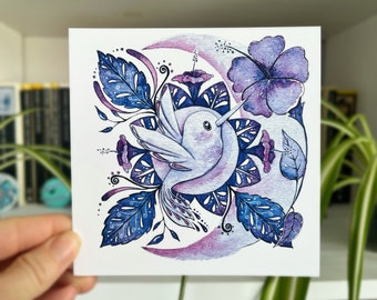 Vierkant Briefkaart van de Kolibrie van de Waterverf | Kolibrie maan kunst | Bloemenillustratieafdruk | Blauw zilver aquarel schilderij | Miniafdruk