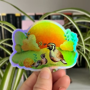 Holografische Californische kwartelvogel dierlijke sticker | Waterdichte, vaatwasmachinebestendige vinylsticker | bidon, laptopstickers | Uitverkoop!