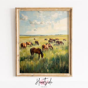 Pastoral Herd of Horses Grazing Landscape Painting, Serene Meadow Art (Digital Download)