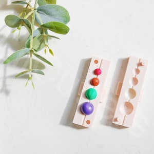 May include: Two light pink silicone molds with round cavities and colorful clay spheres. The spheres are arranged in a row, with colors including pink, orange, green, and purple. A sprig of green leaves is in the background.