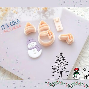 May include: A selection of snowman-themed cookie cutters and a decorated snowman. The image includes the text "IT'S COLD outside". The cutters are in the shape of a hat, snowman body, scarf, and arms. A line drawing of a Christmas tree and gifts is also present.