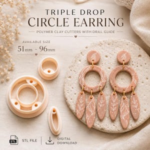 Triple Drop Circle Earring Polymer Clay Cutters with Drill Guide | Boho Dangle Earring Cutter Set 51mm-96mm | STL Digital Download