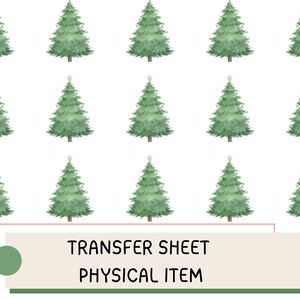 Puede incluir: Una hoja con quince árboles de Navidad estilo acuarela en varios tonos de verde. Cada árbol tiene una estrella blanca en la parte superior. El texto "TRANSFER SHEET PHYSICAL ITEM" se muestra en una pancarta rectangular.