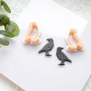 Può includere: Due decorazioni a forma di corvo nero e due formine per biscotti colorate chiare su una superficie bianca. I corvi hanno dettagli strutturati. Foglie verdi nell'angolo in alto a sinistra. Le formine per biscotti sono a forma di uccello.