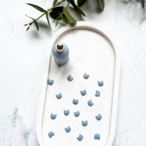 Op de afbeelding: Een lichtblauw keramisch dienblad met een bijpassende fles en kleine katvormige decoraties. De lade is ovaal van vorm en ligt op een wit, getextureerd oppervlak. Groene bladeren zijn op de achtergrond.