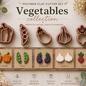 May include: A polymer clay cutter set with vegetable shapes: bell pepper, peas, aubergine, garlic, and radish. The set includes cutter outlines and finished clay models. The text reads "Vegetables collection".