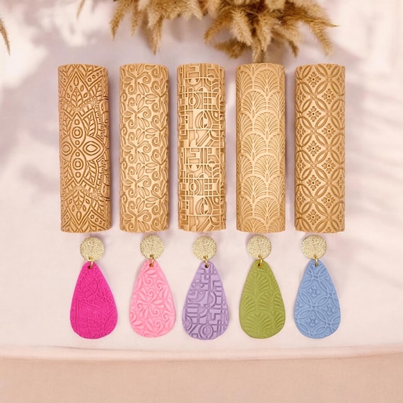 Art Deco Polymer Clay Texture Rollers Set of 5 for Jewelry Crafts DIY Making Tools Supplies Geometric Patterns