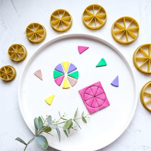 Op de afbeelding: Een set van acht ronde koekjesuitstekers in verschillende maten, allemaal met een gesegmenteerd ontwerp. De uitstekers zijn gemaakt van lichtbruin plastic en zijn in een cirkel rond een wit bord gerangschikt. Op het bord liggen verschillende kleine stukjes gekleide klei, waaronder een roze, paarse, groene en gele cirkel, en verschillende driehoeken in verschillende kleuren. Een vierkant stuk roze klei ligt ook op het bord, met een gesegmenteerd ontwerp vergelijkbaar met de koekjesuitstekers.