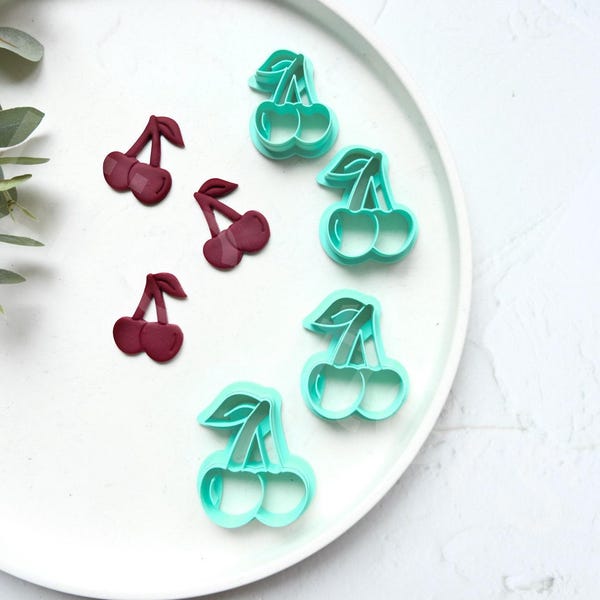 Juego de cortadores de arcilla de cereza: herramientas de polímero para crear miniaturas de alimentos y aretes, ideales para proyectos de joyería DIY.