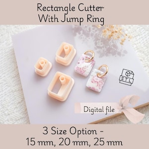 May include: A collection of light peach-colored rectangle cutters with jump rings, alongside two floral patterned rectangle charms with gold-colored jump rings. The image includes the text "Rectangle Cutter With Jump Ring", "Digital file", and "3 Size Option - 15 mm, 20 mm, 25 mm".