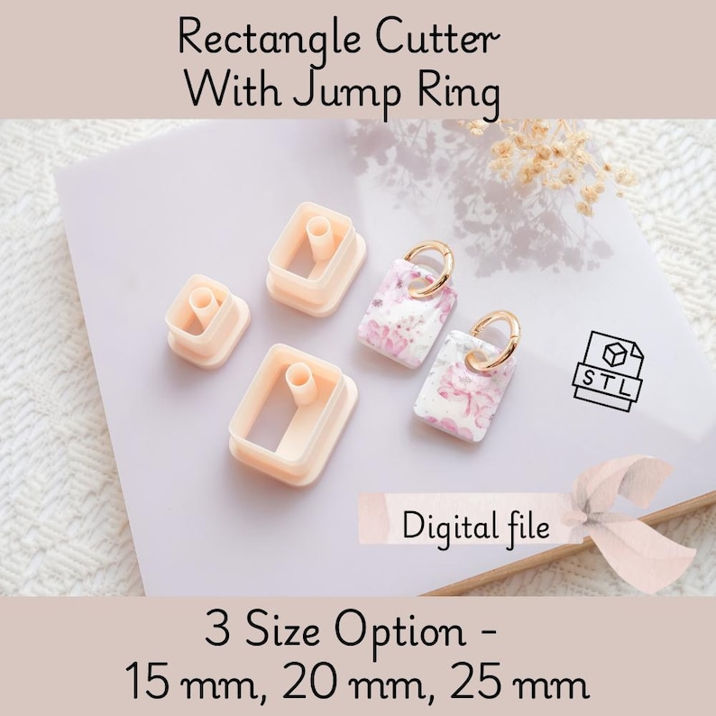 Puede incluir: Un conjunto de cortadores rectangulares de color melocot&oacute;n claro con anillas, junto con dos colgantes rectangulares con estampado floral y anillas doradas. La imagen incluye el texto "Rectangle Cutter With Jump Ring", "Digital file" y "3 Size Option - 15 mm, 20 mm, 25 mm".