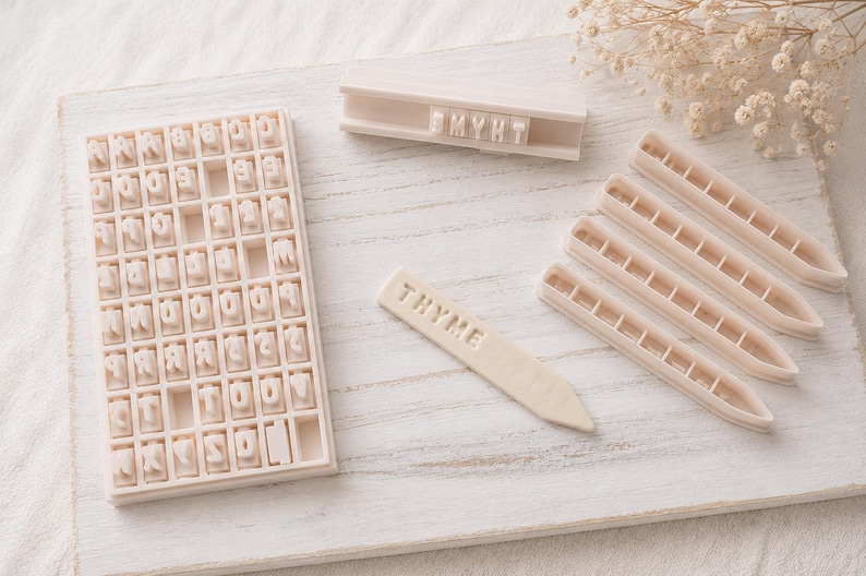 May include: A set of off-white plastic tools for stamping text, including a rectangular grid tray filled with individual letter stamps, a long holder with the letters THYME, and four pointed stakes, one of which is embossed with the word THYME.
