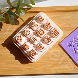 May include: A set of 16 Christmas-themed cookie cutters in a light pink plastic case. The cutters are arranged in a grid pattern and feature various holiday designs, including a Christmas tree, a stocking, a reindeer, a snowflake, and a bell. The case is open and the cutters are visible. There is a separate purple silicone mat with 15 Christmas-themed designs.