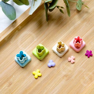 Puede incluir: Un conjunto de cinco cortadores de galletas de plástico con forma de flor de diferentes colores sobre una superficie de madera. Los cortadores están apilados en diferentes tamaños y colores, incluyendo azul, verde, rosa y amarillo.