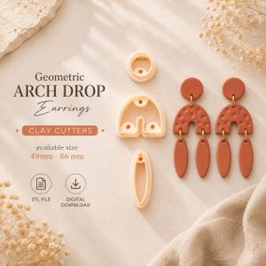 May include: Geometric arch drop earrings clay cutters with available sizes 49mm - 86mm. The set includes a circular cutter, an arch-shaped cutter, and an oval cutter, alongside two finished terracotta-coloured earrings with a dotted texture.