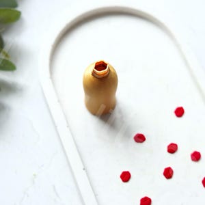 Peut inclure: Un bouchon de bouteille doré avec un dessus hexagonal posé sur une surface blanche avec des confettis hexagonaux rouges éparpillés.