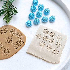 Può includere: Due pezzi di argilla marrone con disegni di fiocchi di neve e arco, e un set di tagliapasta a forma di fiocco di neve blu su una superficie bianca.