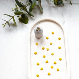 May include: A white ceramic tray with a star-shaped indentation in the center. The tray is filled with small yellow star-shaped candies.