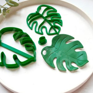Peut inclure: Trois emportes-pièces en plastique vert en forme de feuilles de monstera. Les emportes-pièces sont sur une assiette blanche.