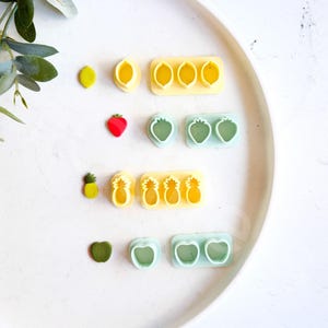 以下が含まれることがあります： 白い皿の上に、プラスチック製のフルーツ型のクッキーカッターが5つセットされています。カッターはレモン、イチゴ、パイナップル、リンゴの形をしています。カッターは黄色、赤、緑、水色です。